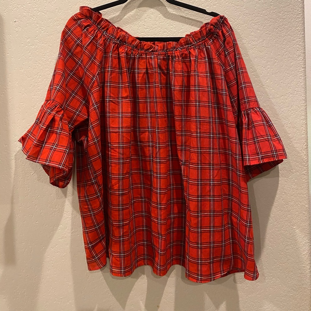 Red Plaid Off-the-Shoulder Ruffled Top